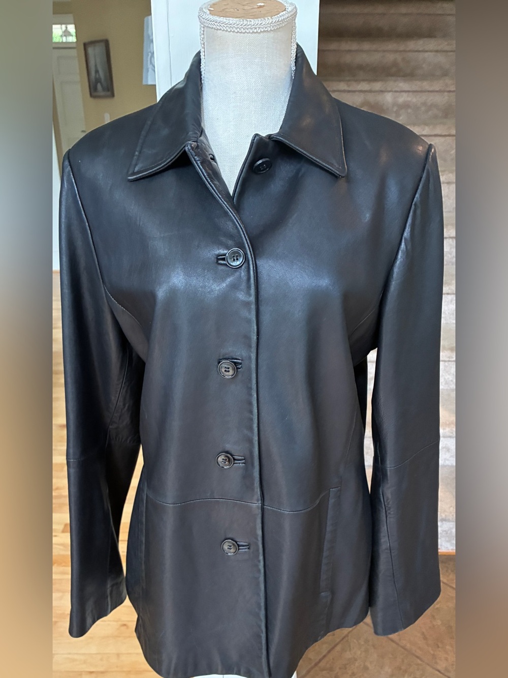 Vintage Casual Corner Black Leather Button-Front Jacket
